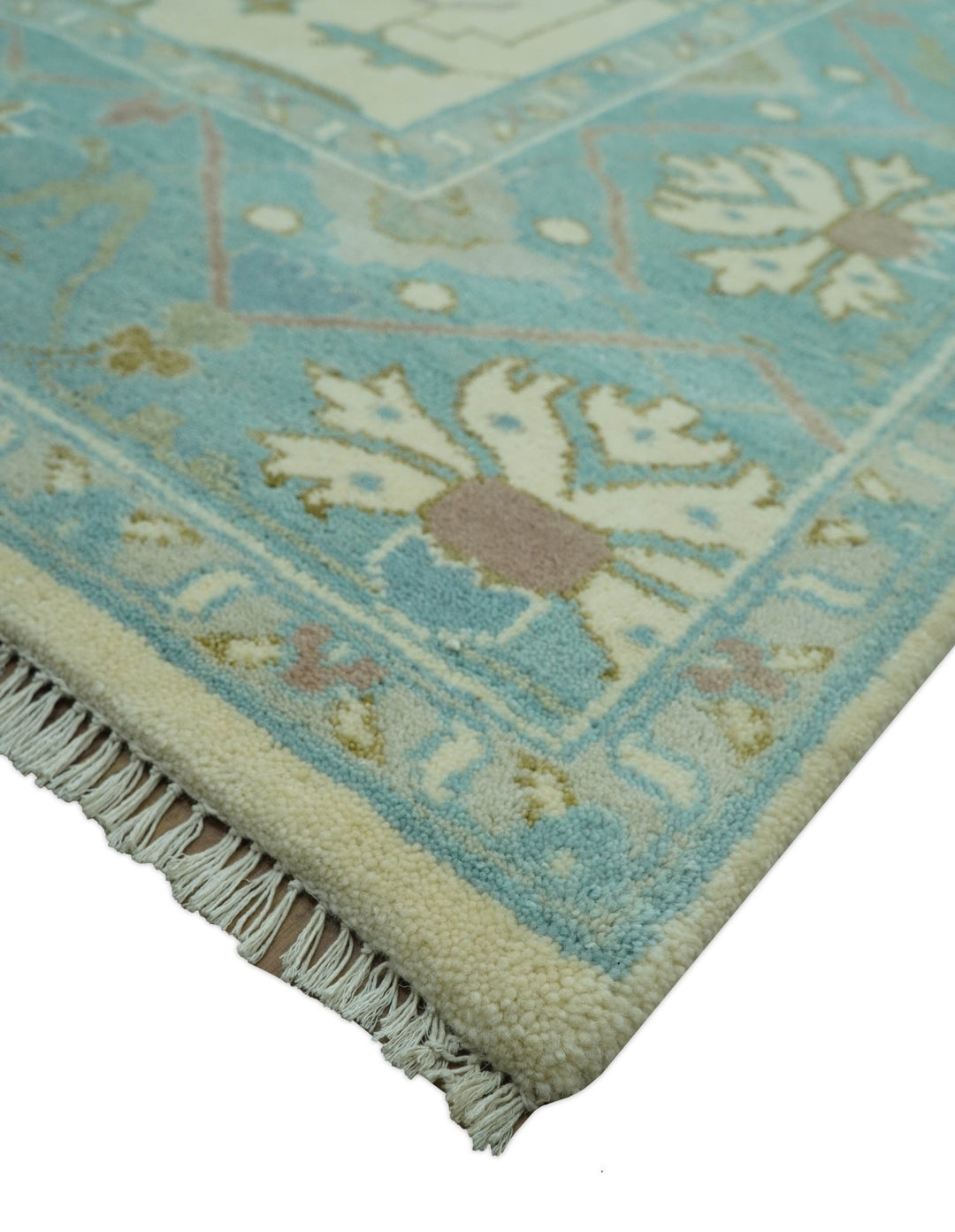 Richmond Custom Made Ivory and Teal Hand Knotted Oushak Wool Rug - The Rug Decor