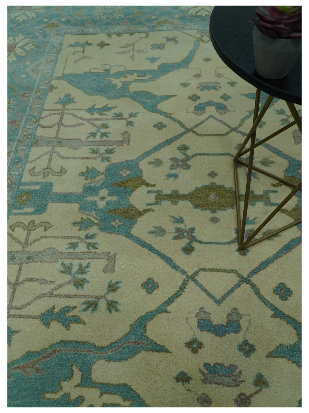 Richmond Custom Made Ivory and Teal Hand Knotted Oushak Wool Rug - The Rug Decor