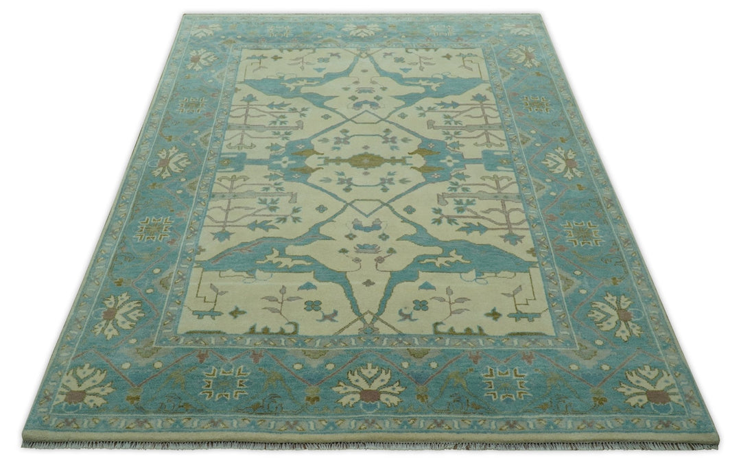 Richmond Custom Made Ivory and Teal Hand Knotted Oushak Wool Rug - The Rug Decor