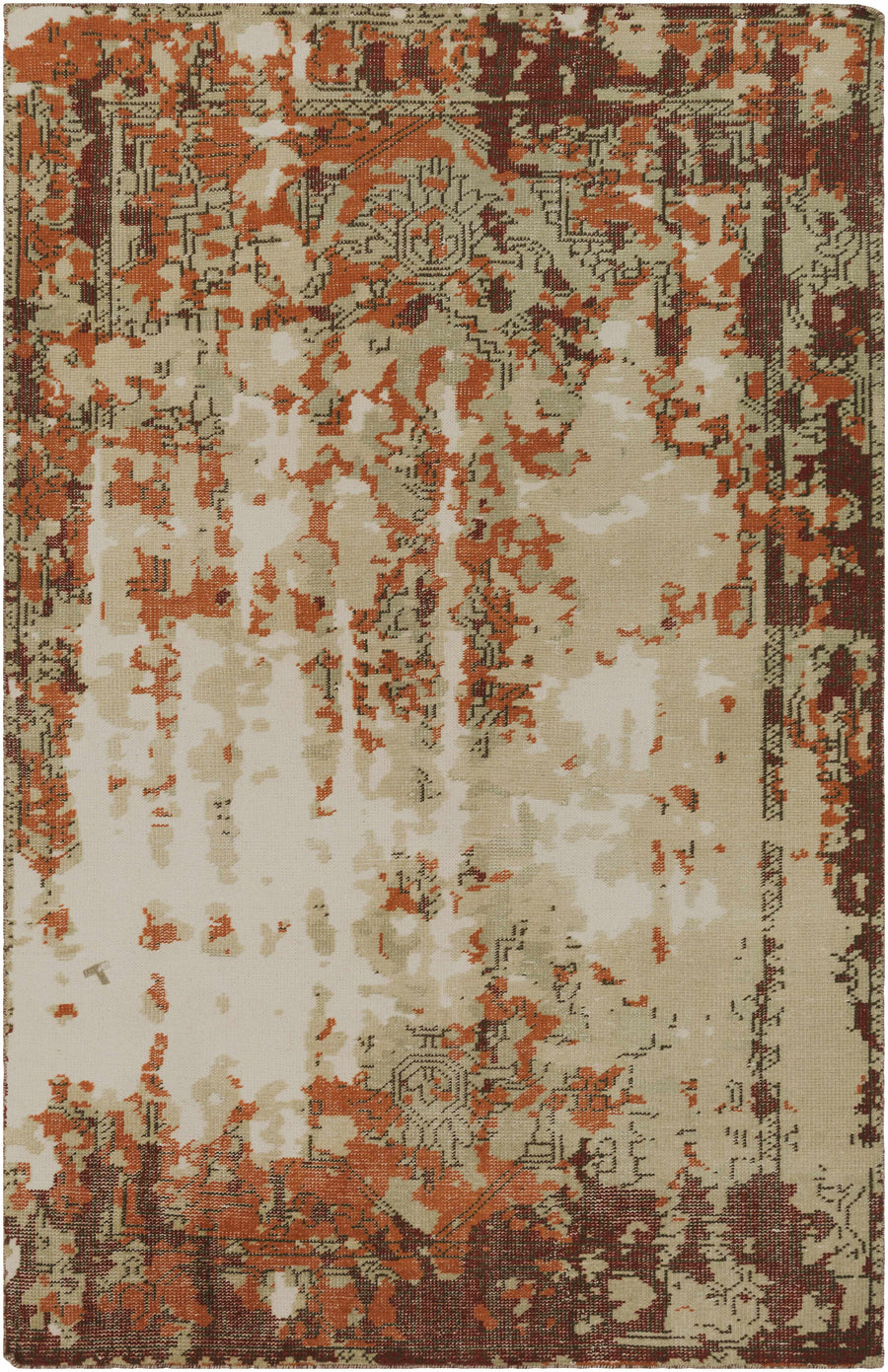 Hand-knotted wool area rug with abstract brown, rust, and cream pattern and border
