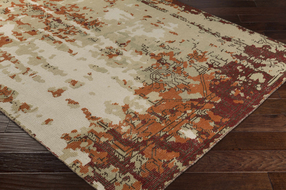 Hand-knotted wool area rug, cream field with orange-brown geometric abstract blocks