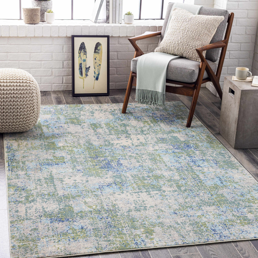 Riegelwood Modern Abstract Design Teal And Ivory Outdoor Rug