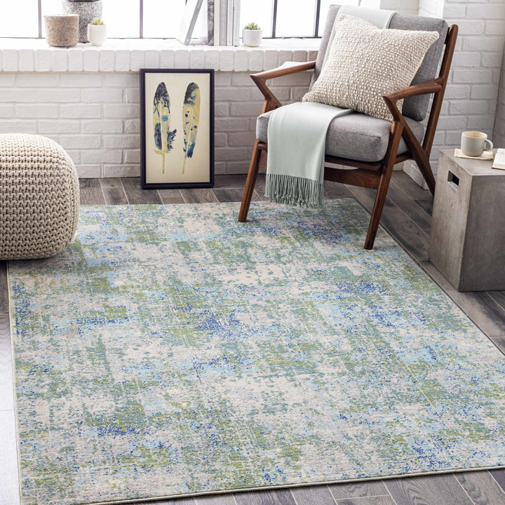 Riegelwood Modern Abstract Design Teal And Ivory Outdoor Rug