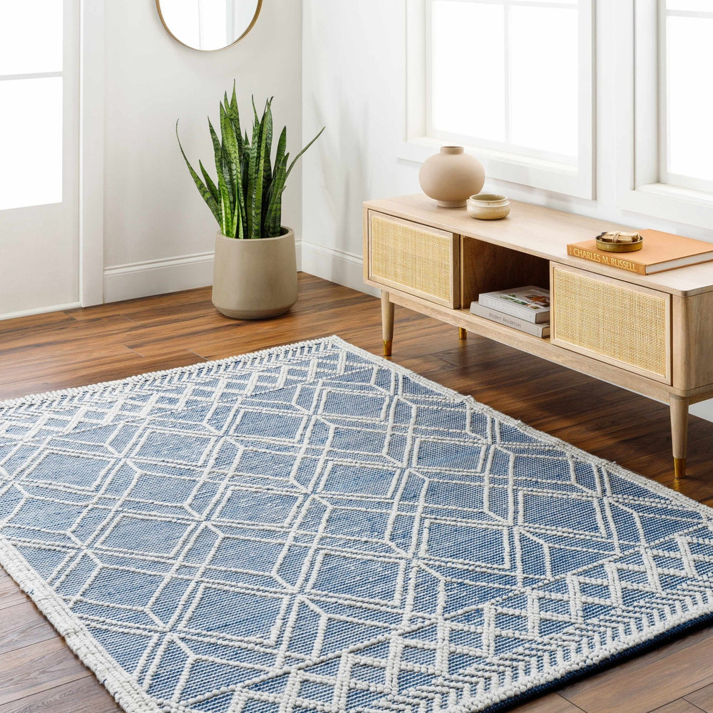 Rika Modern Geometric Design Ivory And Blue Hand Woven Rug - The Rug Decor