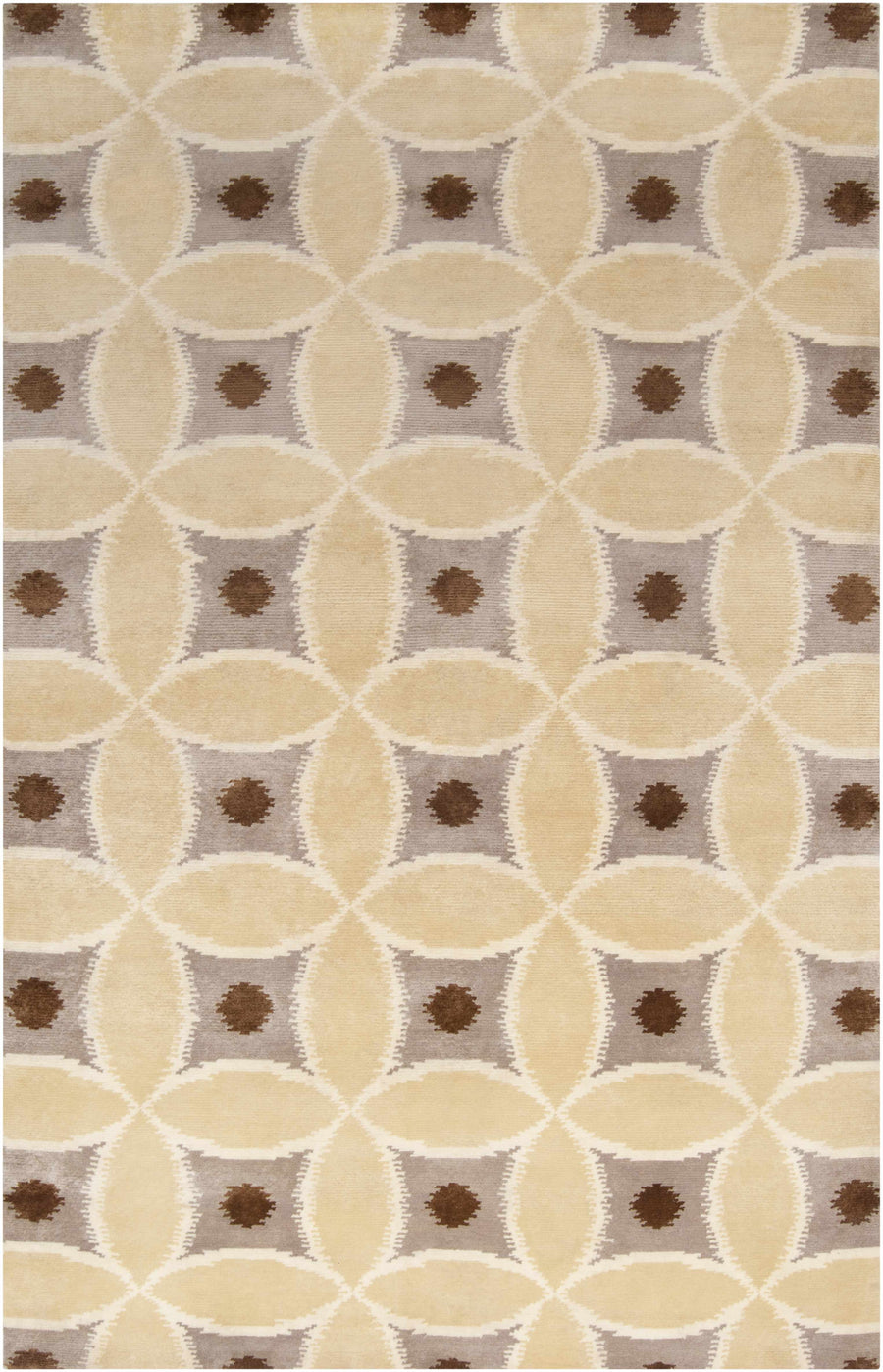 Beige hand-knotted wool area rug with geometric lattice and small brown diamond accents