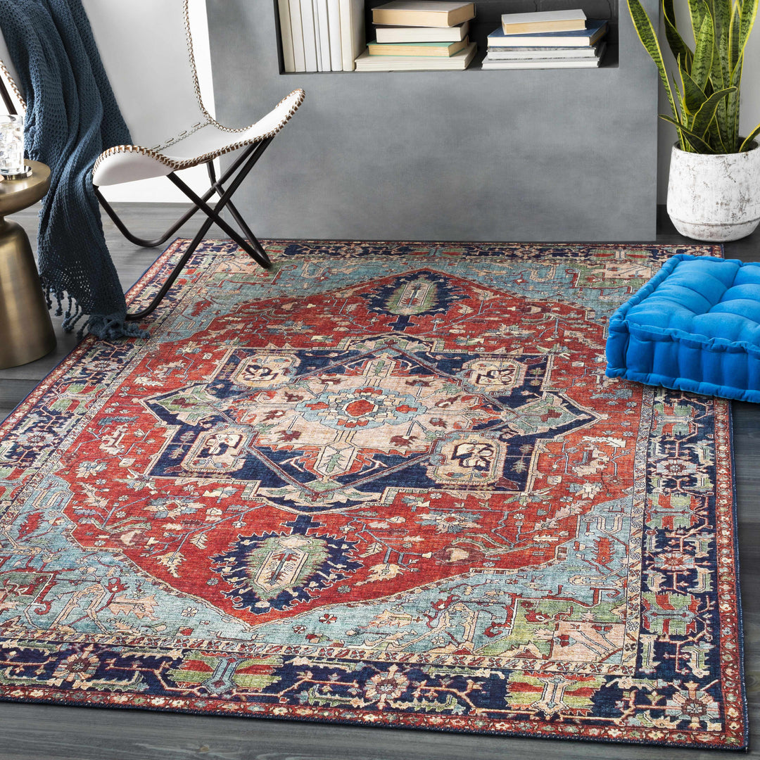 Ripplemead Blue And Red Traditional Style Area Rug