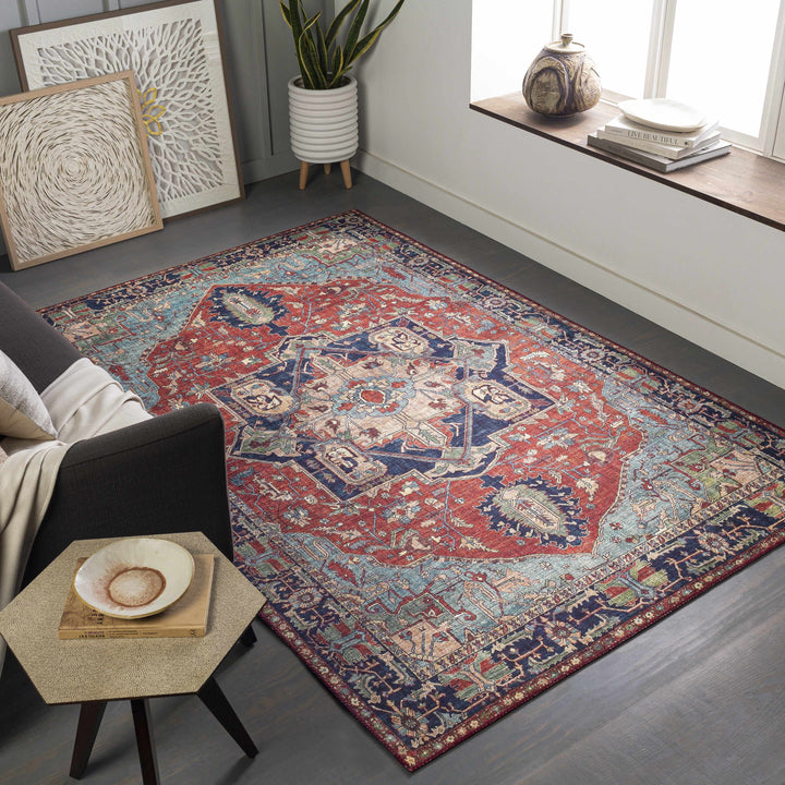 Ripplemead Blue And Red Traditional Style Area Rug