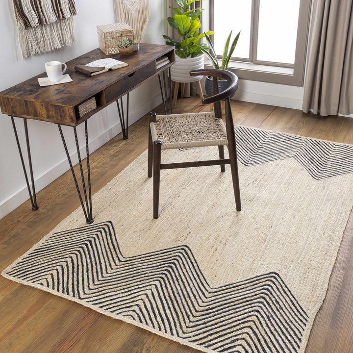 Ringstead Modern Geometrical Beige And Black Jute Braided Carpet