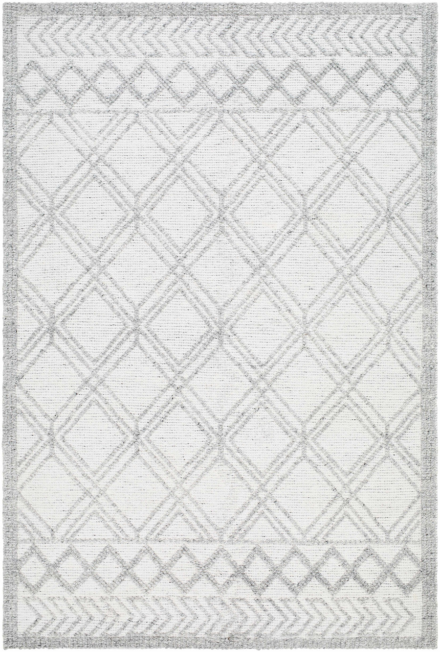Hand-woven white area rug with geometric chevron and diamond pattern