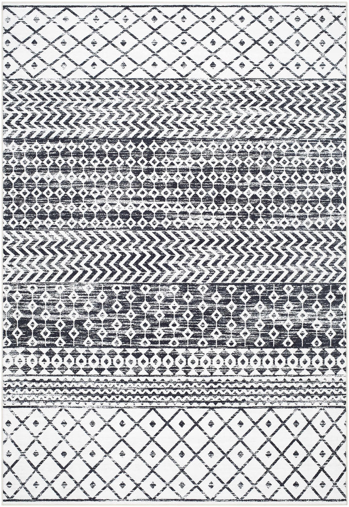 Royko Modern Geometrical Charcoal And Ivory Washable Area Rug