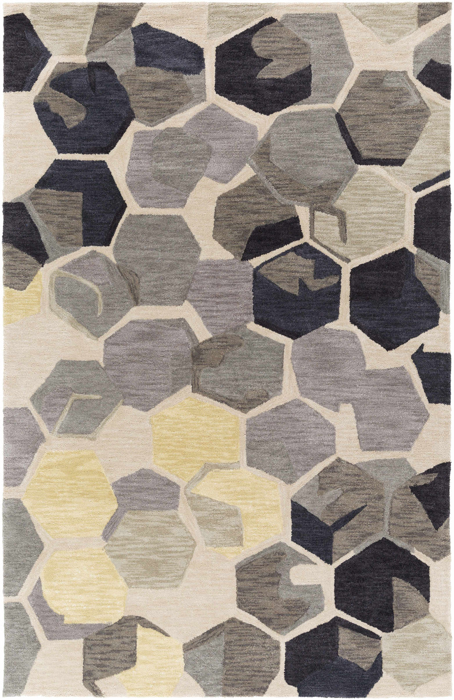 Geometric hand-tufted area rug with hexagon pattern in gray, cream, navy, and yellow accents.