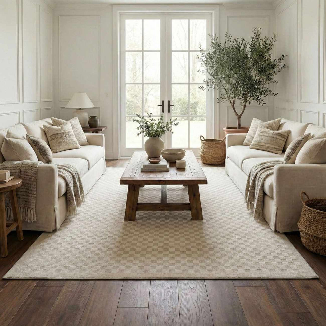 Gaiwan Modern Checkered Pattern Cream Washable Area Rug