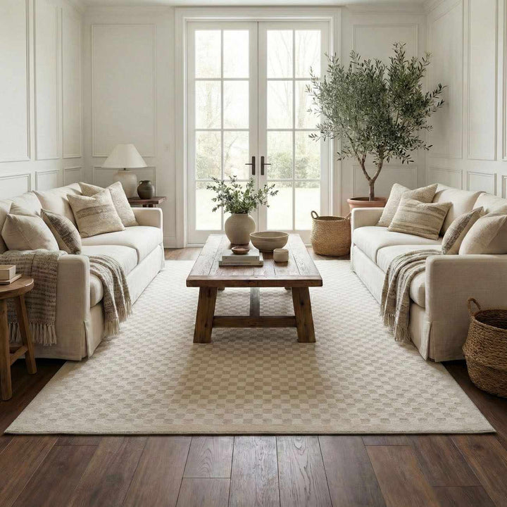 Gaiwan Modern Checkered Pattern Cream Washable Area Rug