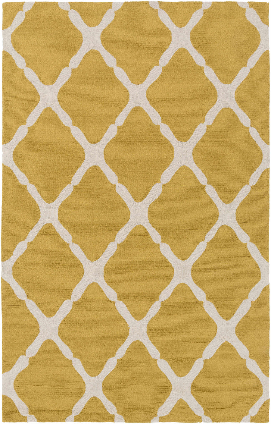 Mustard hand-tufted outdoor area rug with white trellis lattice pattern