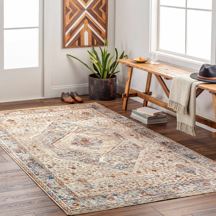 Roy Traditional Medallion Design Beige And Blue Area Rug - The Rug Decor