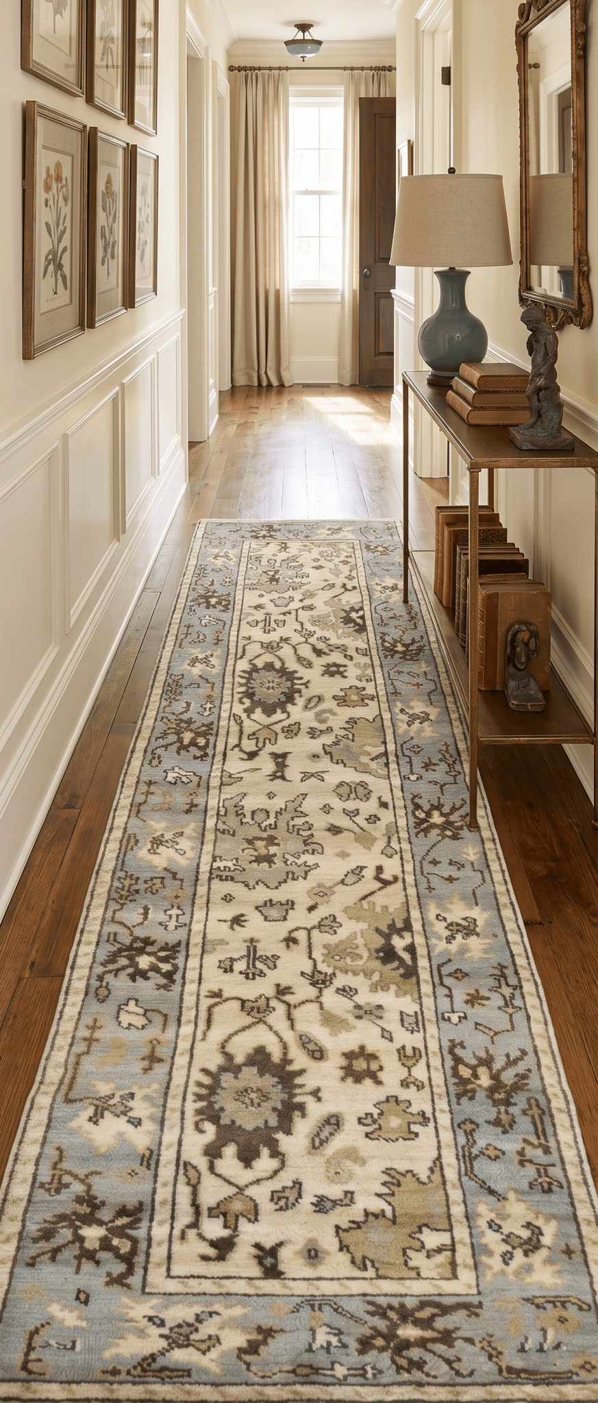 Runner 2.7x12 Oushak Beige And Blue Hand Knotted Wool Rug - The Rug Decor