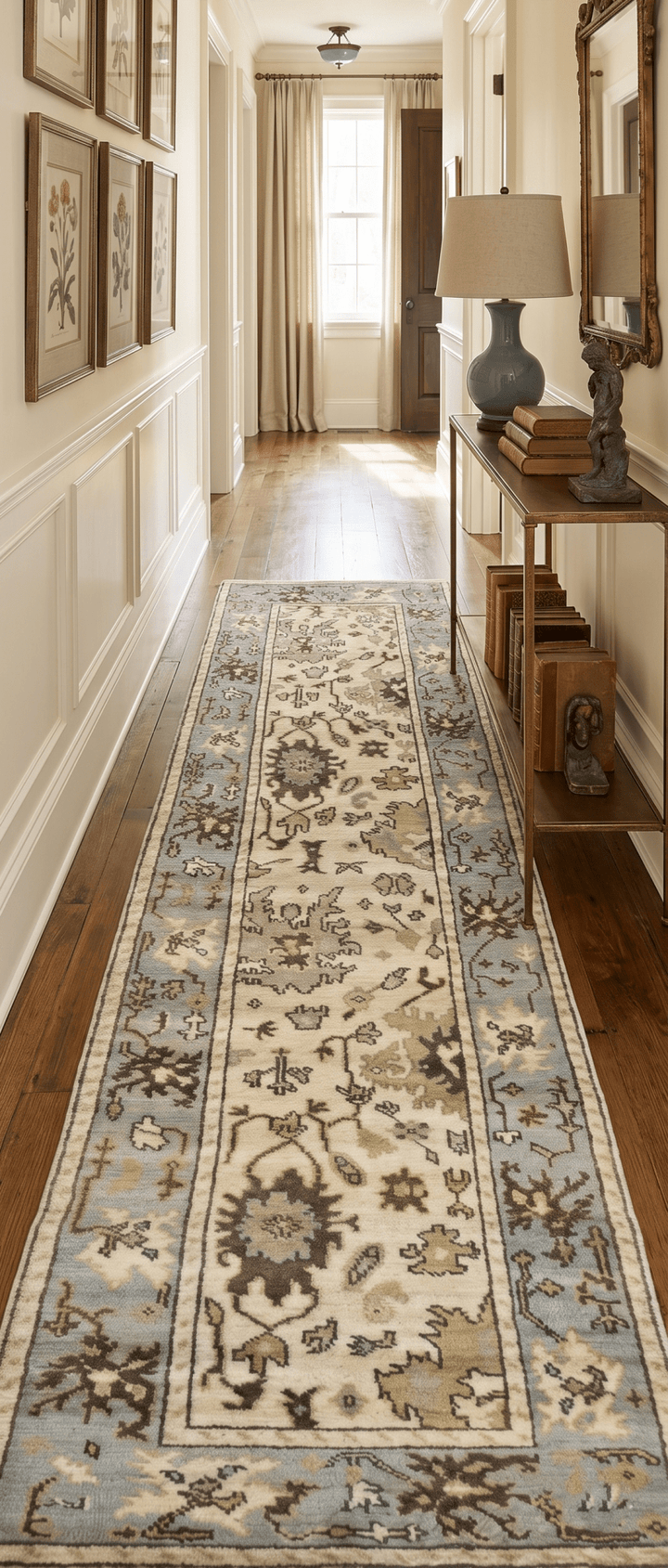 Runner 2.7x12 Oushak Beige And Blue Hand Knotted Wool Rug - The Rug Decor