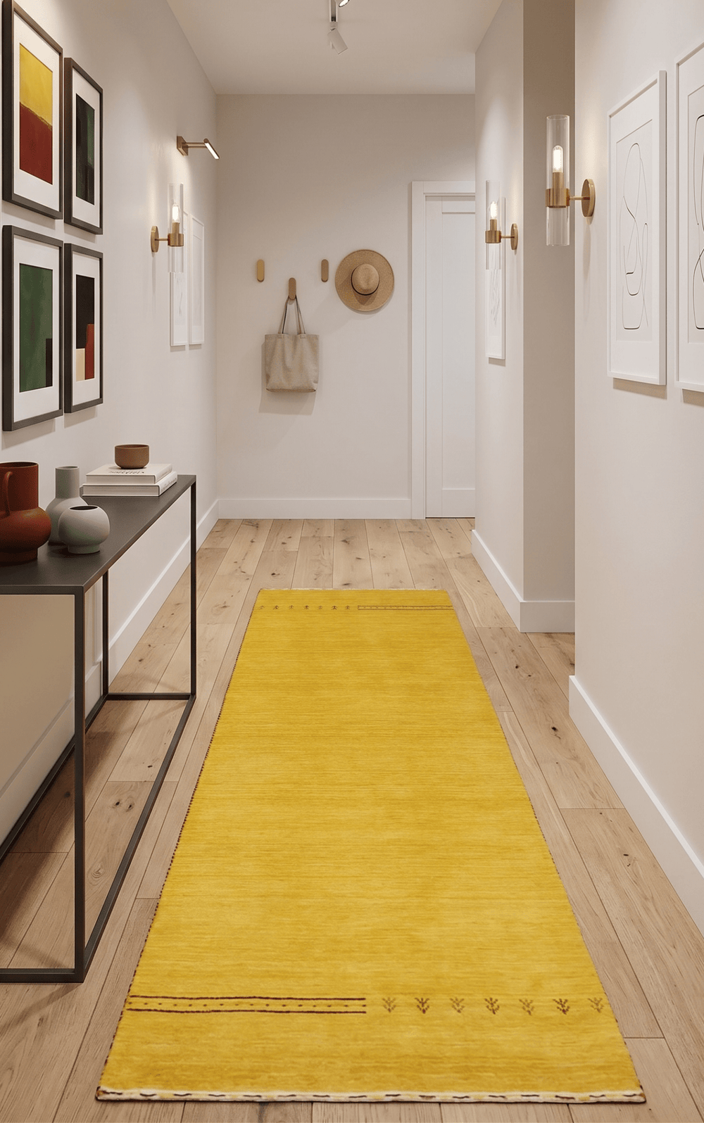 Runner Solid Gold Wool Hand Woven Modern Southwestern Tribal Lori Gabbeh Rug - The Rug Decor