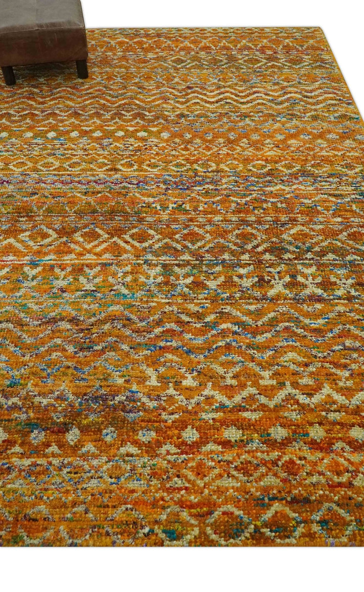 Rust and Beige 6x8.6 Contemporary Southwestern Tribal Trellis Recycled silk Rug - The Rug Decor