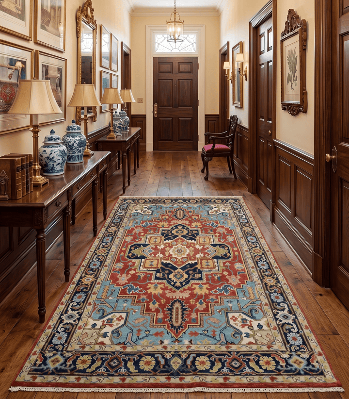 Rust And Blue Traditional Medallion Hand Knotted Wool Area Rug - The Rug Decor