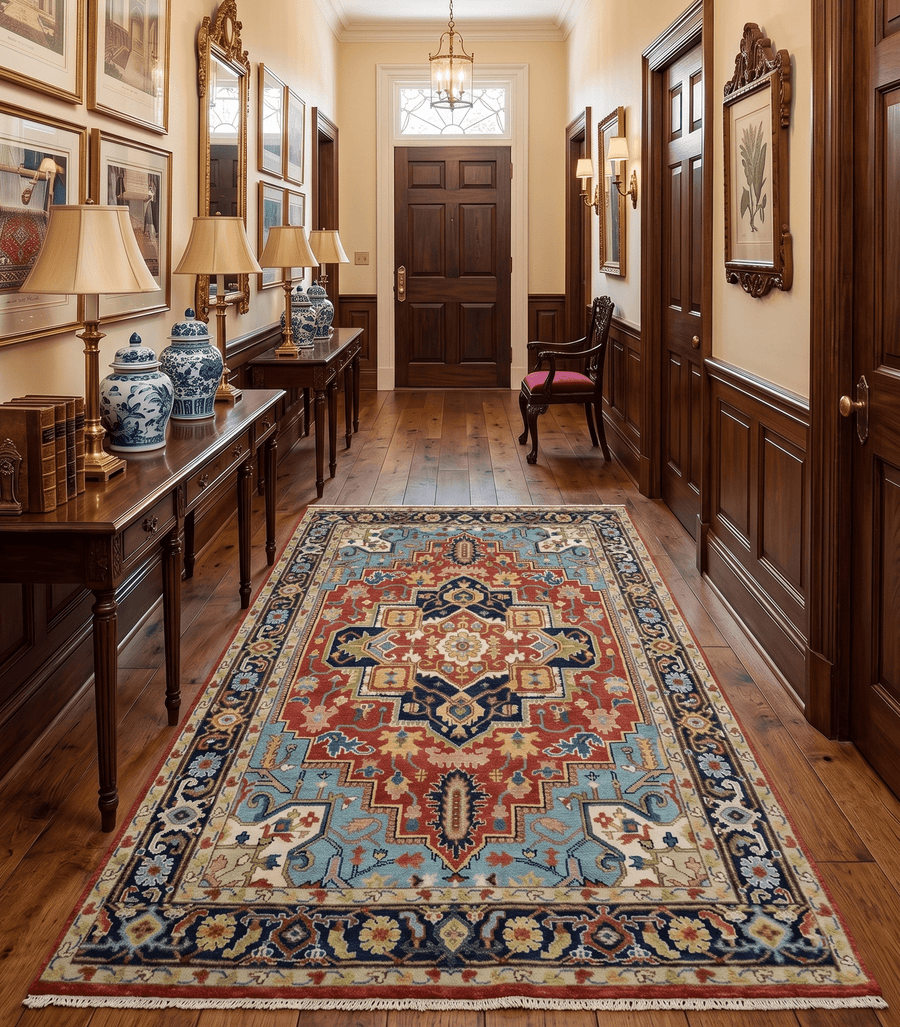 Rust And Blue Traditional Medallion Hand Knotted Wool Area Rug - The Rug Decor