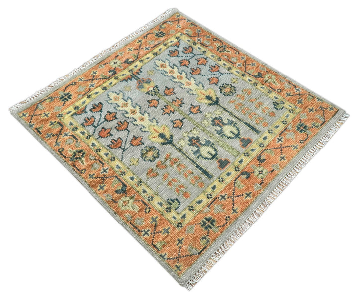 Rust And Silver Tree of life Hand Knotted 4x4 Square Wool Rug - The Rug Decor