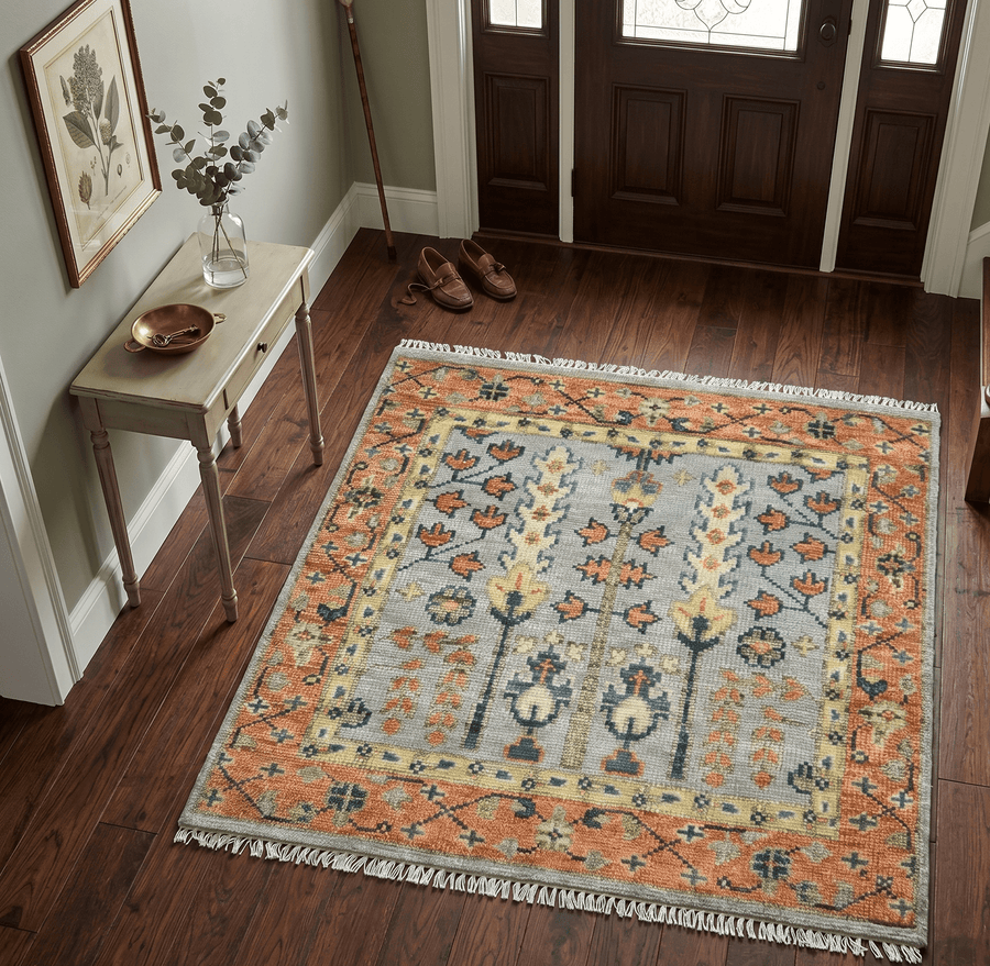 Rust And Silver Tree of life Hand Knotted 4x4 Square Wool Rug - The Rug Decor
