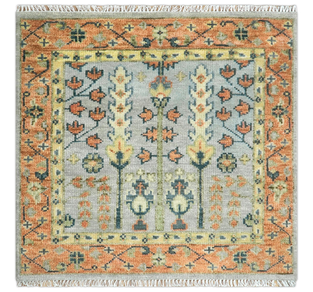 Rust And Silver Tree of life Hand Knotted 4x4 Square Wool Rug - The Rug Decor