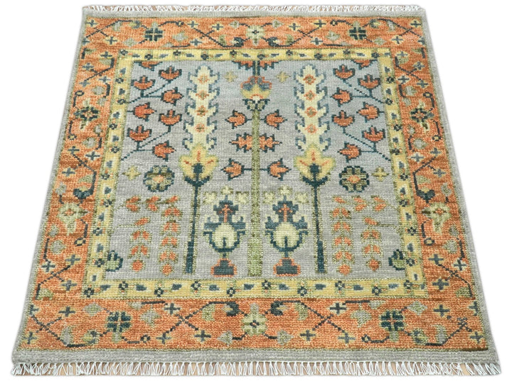 Rust And Silver Tree of life Hand Knotted 4x4 Square Wool Rug - The Rug Decor