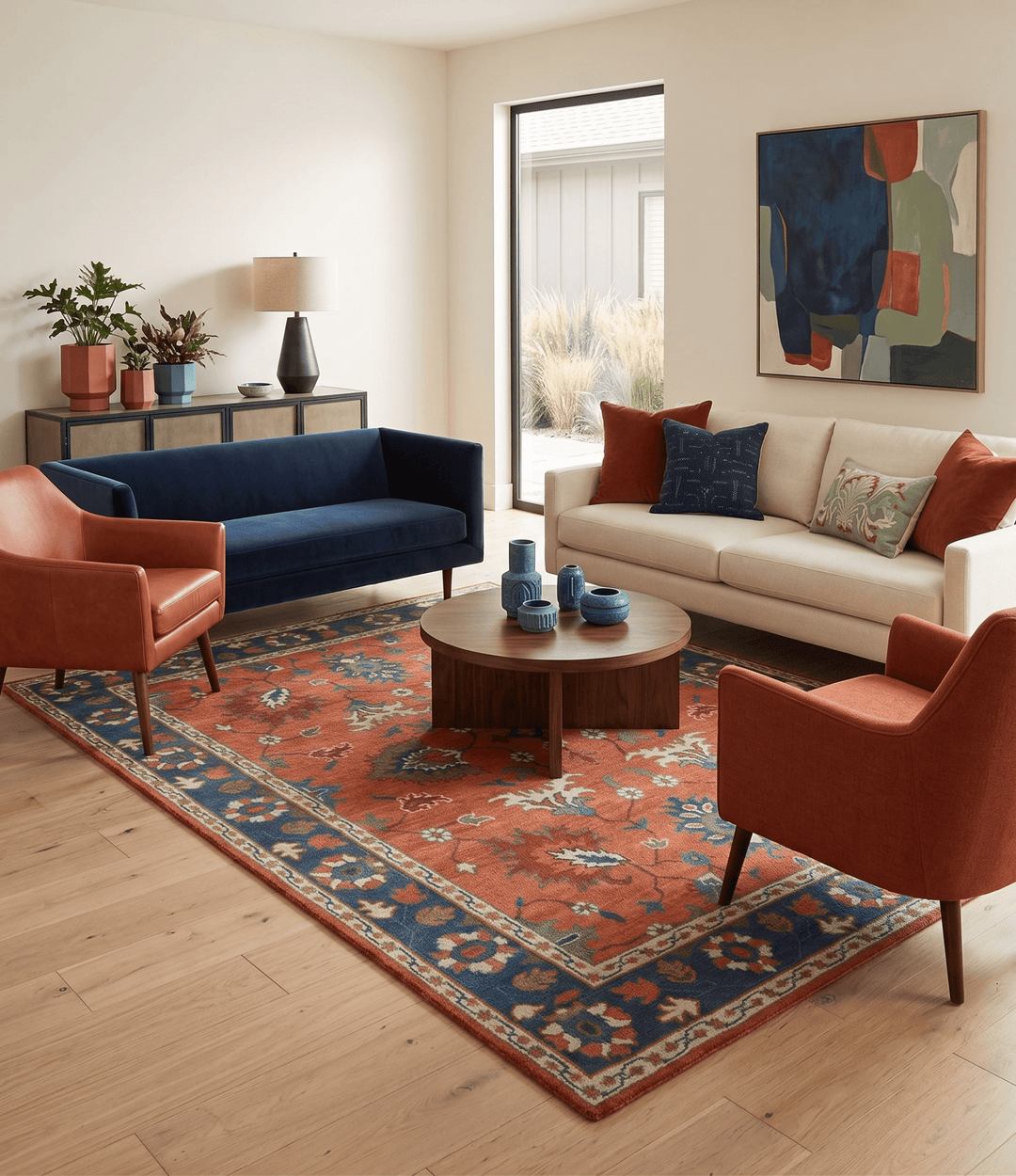 Rust, Blue and Beige Hand Knotted Oriental Oushak Multi Size wool Area Rug - The Rug Decor