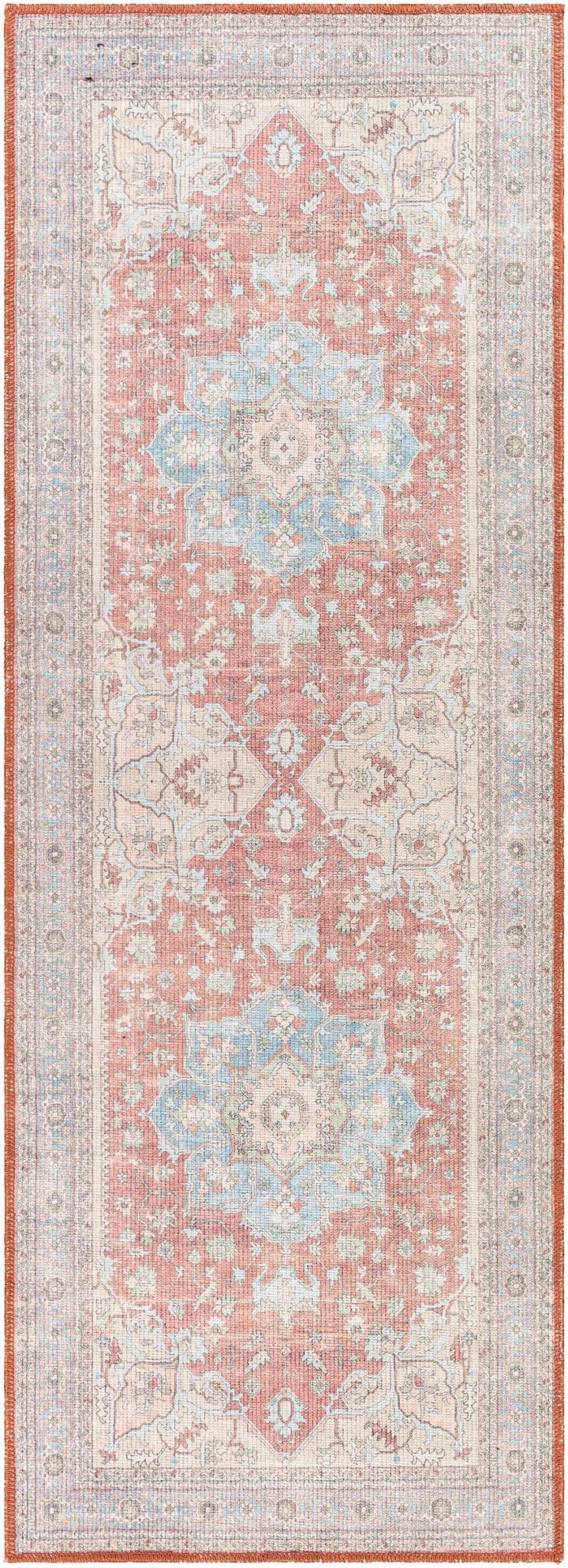 Rust, Blue and Beige Traditional Heriz Medallion Washable Area Rug - The Rug Decor