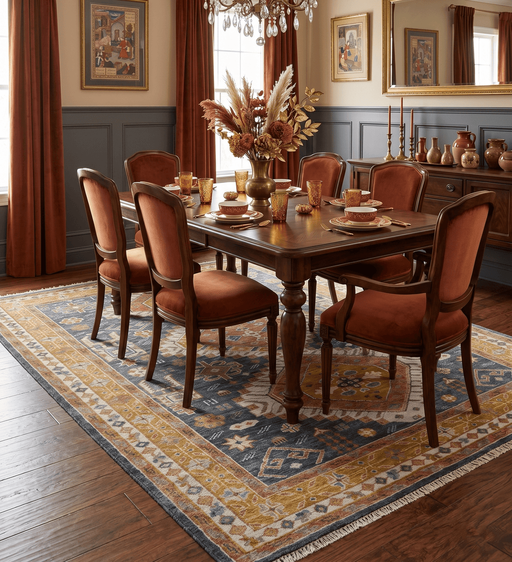 Rust, Gold and Blue Traditional Hand knotted Custom Made wool Area Rug - The Rug Decor