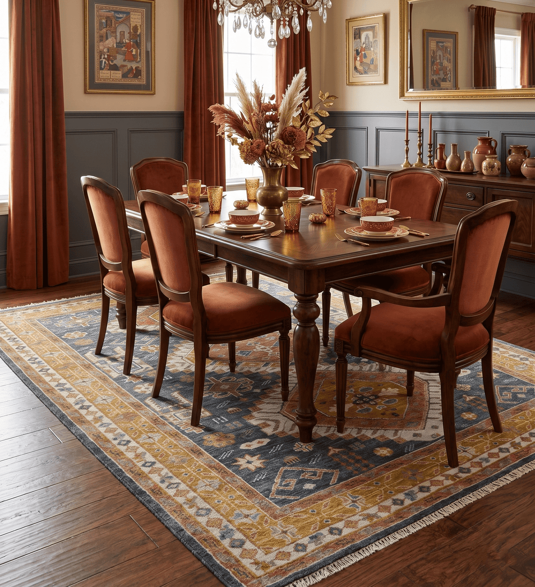 Rust, Gold and Blue Traditional Hand knotted Custom Made wool Area Rug - The Rug Decor