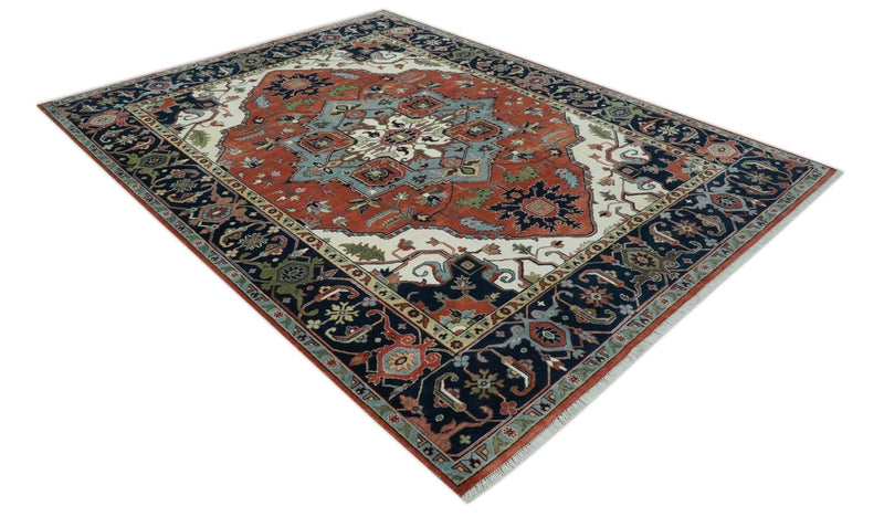 Rust, Ivory and Blue Fine Hand Knotted Traditional Heriz 9x12 wool area rug - The Rug Decor