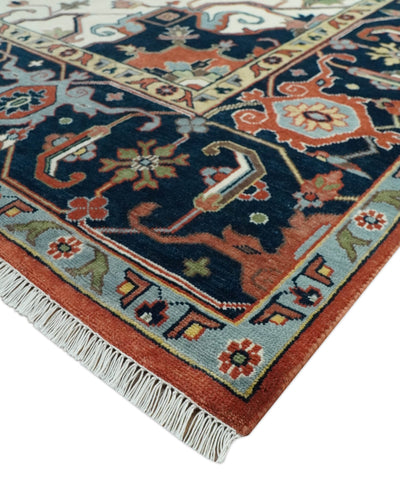 Rust, Ivory and Blue Fine Hand Knotted Traditional Heriz 9x12 wool area rug - The Rug Decor