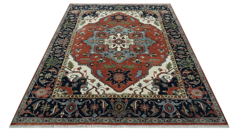 Rust, Ivory and Blue Fine Hand Knotted Traditional Heriz 9x12 wool area rug - The Rug Decor