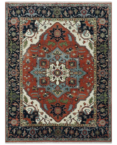 Rust, Ivory and Blue Fine Hand Knotted Traditional Heriz 9x12 wool area rug - The Rug Decor