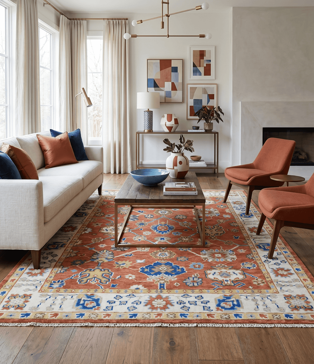 Rust, Ivory and Blue Hand Knotted Oriental Oushak Custom Made wool Area Rug - The Rug Decor