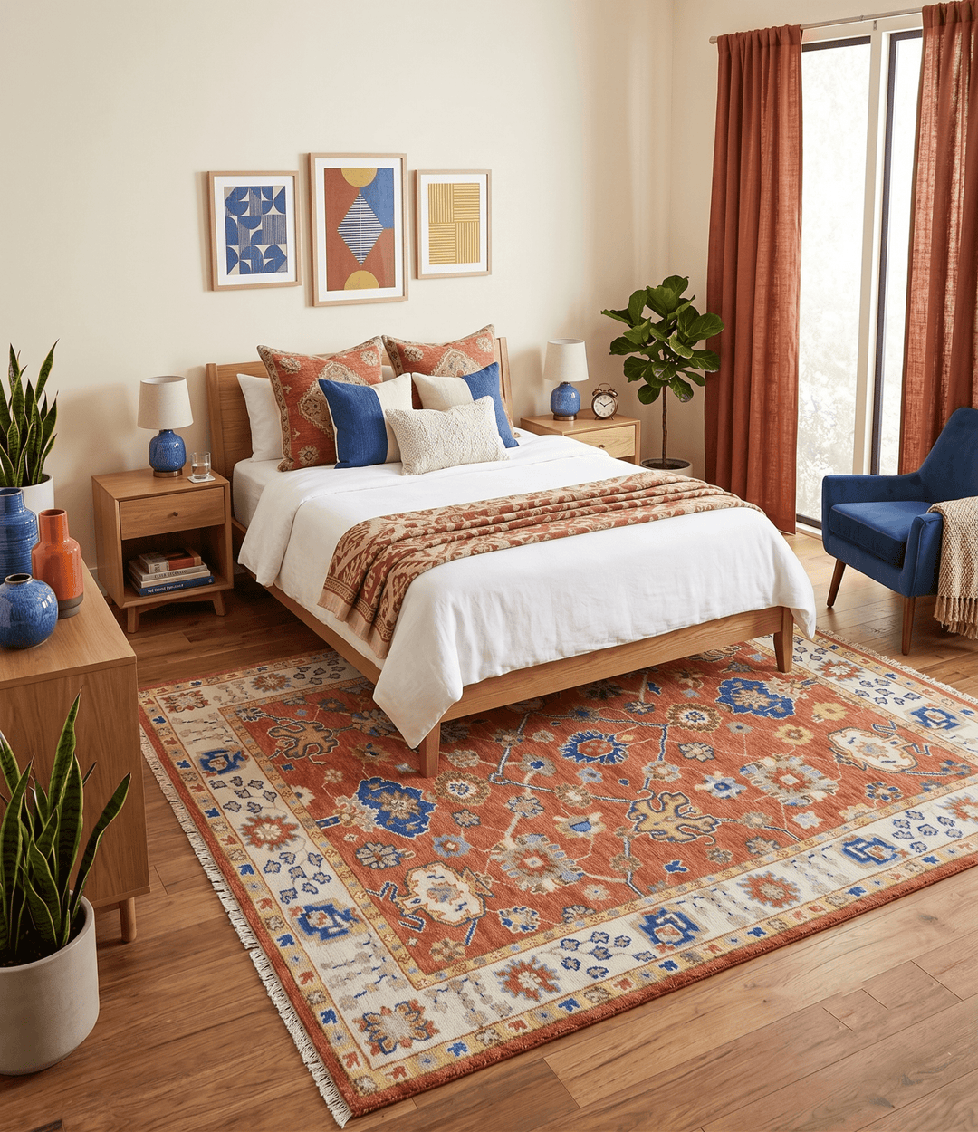 Rust, Ivory and Blue Hand Knotted Oriental Oushak Custom Made wool Area Rug - The Rug Decor