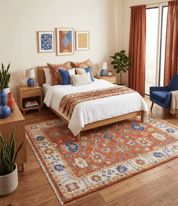 Rust, Ivory and Blue Hand Knotted Oriental Oushak Custom Made wool Area Rug - The Rug Decor