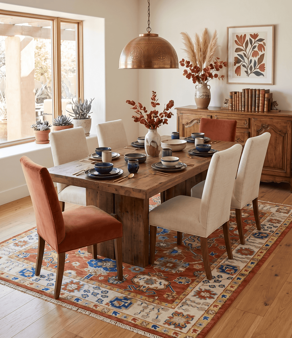 Rust, Ivory and Blue Hand Knotted Oriental Oushak Custom Made wool Area Rug - The Rug Decor
