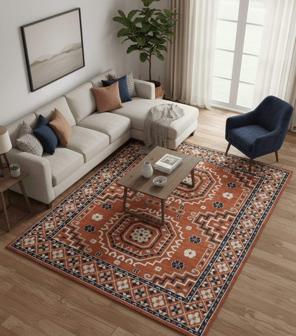 Rust, Ivory and Blue Traditional Mamluk design Hand Knotted Custom Made wool Area Rug - The Rug Decor