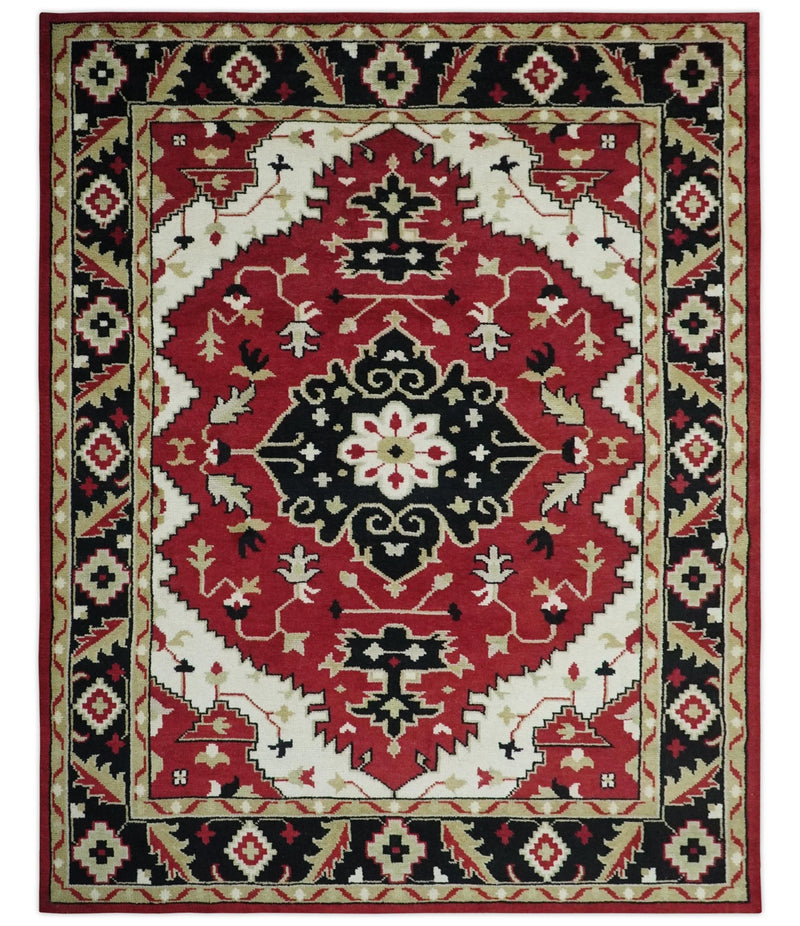 Rust, Ivory, Black and Beige 8x10 Hand Knotted Traditional Heriz wool Rug - The Rug Decor