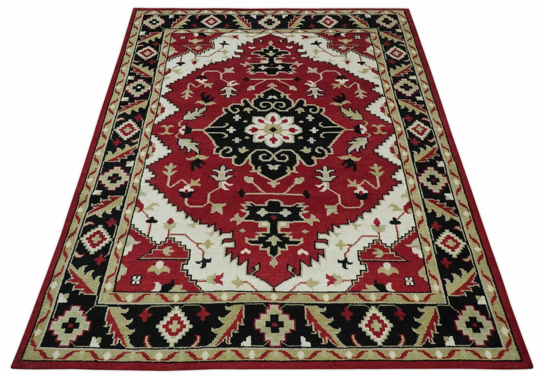 Rust, Ivory, Black and Beige Hand Knotted Traditional Heriz Multi Size wool area Rug - The Rug Decor
