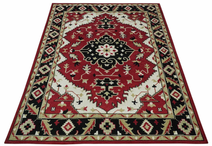 Rust, Ivory, Black and Beige Hand Knotted Traditional Heriz Multi Size wool area Rug - The Rug Decor