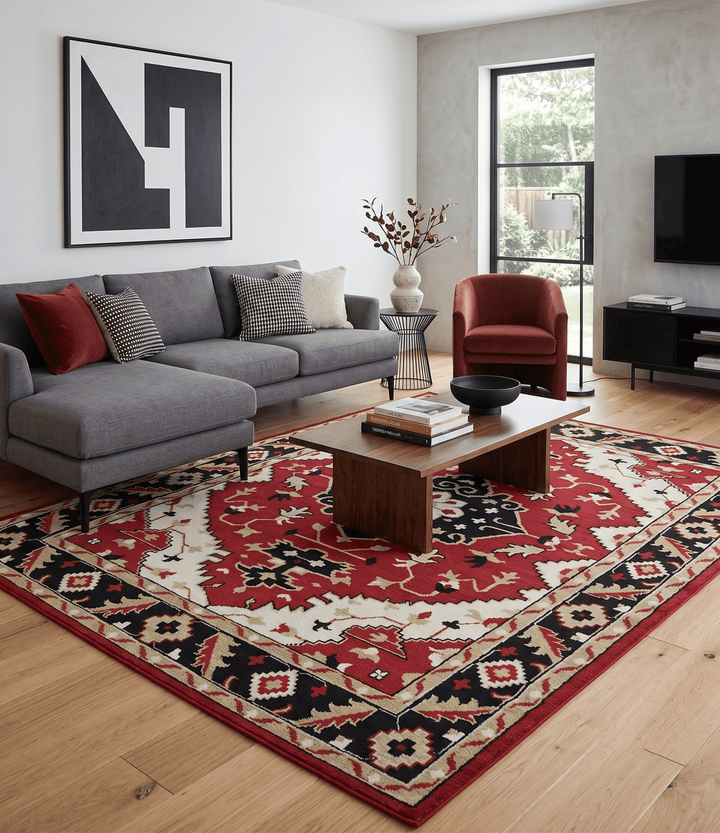 Rust, Ivory, Black and Beige Hand Knotted Traditional Heriz Multi Size wool area Rug - The Rug Decor