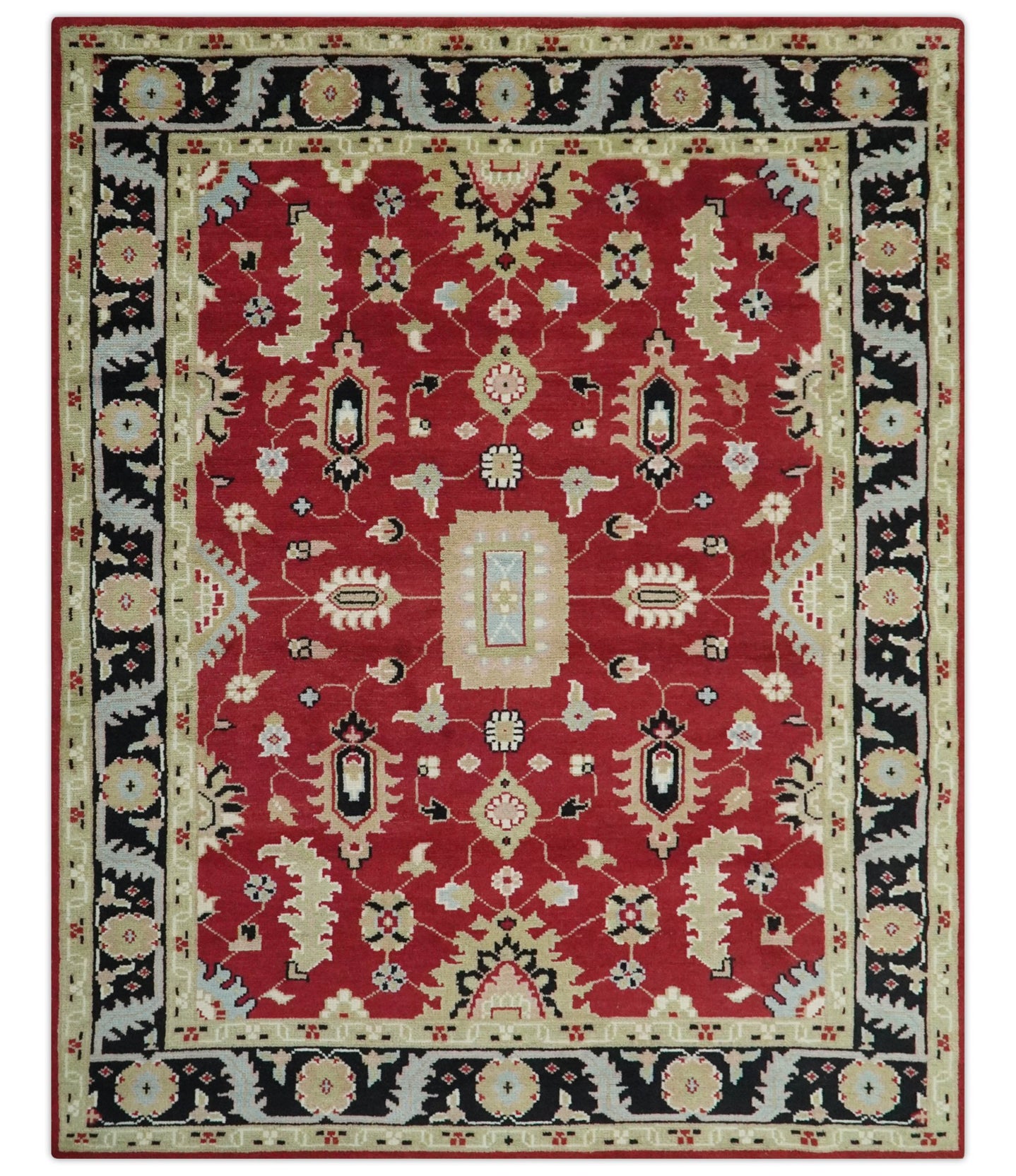 Rust, Olive and Black 8x10 Hand Knotted Traditional Oriental Wool Area Rug - The Rug Decor