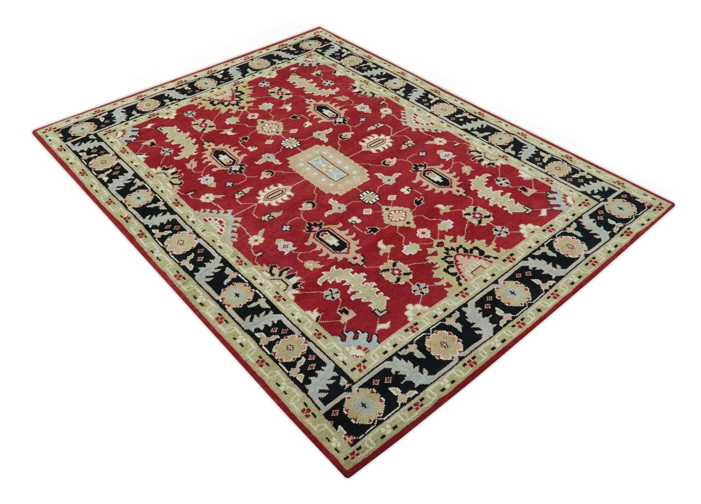 Rust, Olive and Black 8x10 Hand Knotted Traditional Oriental Wool Area Rug - The Rug Decor