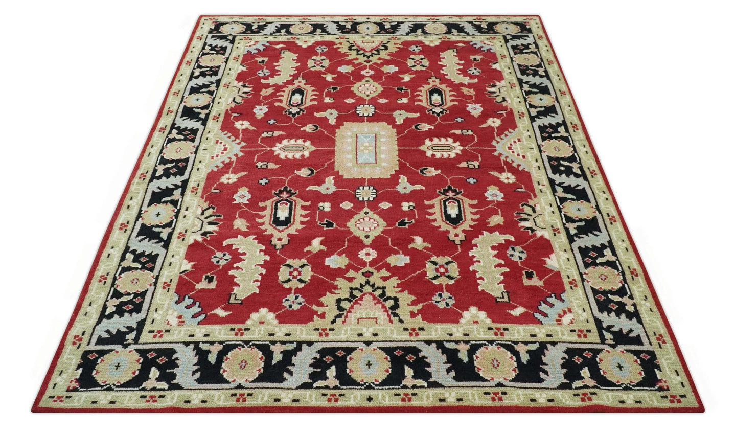 Rust, Olive and Black 8x10 Hand Knotted Traditional Oriental Wool Area Rug - The Rug Decor