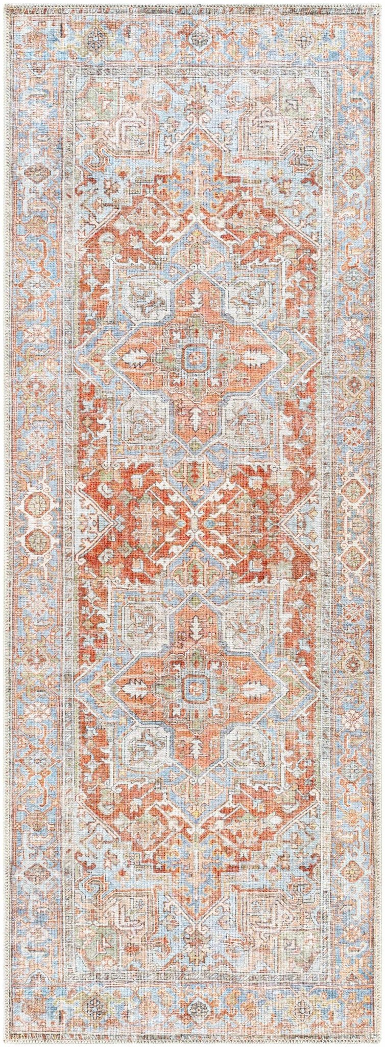 Rust, Silver and Blue Traditional Medallion design Machine Washable Rug - The Rug Decor